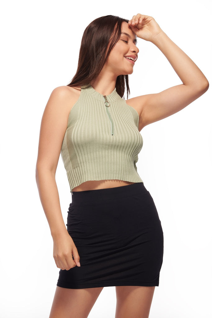 Beige Knit Zipper Front Crop Top - I Z F