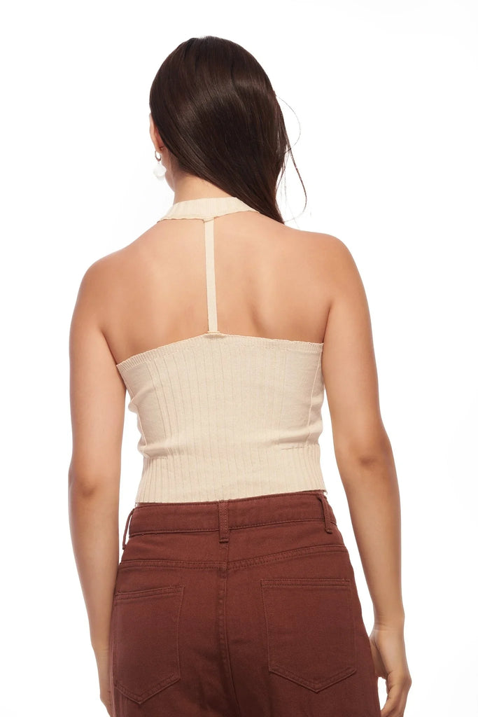 Beige Knit Zipper Front Crop Top - I Z F