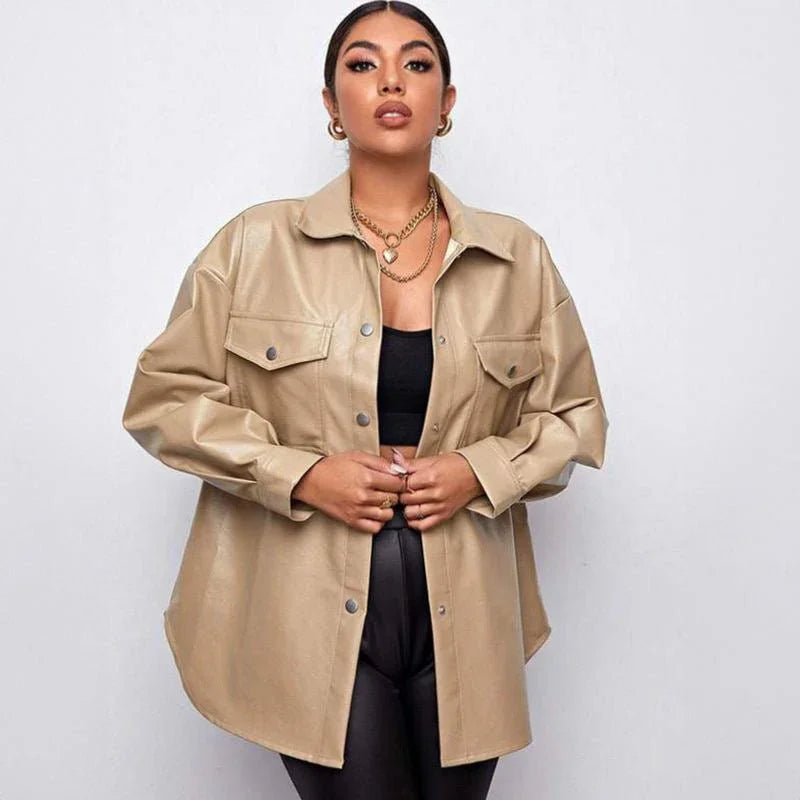 Beige Oversized Faux - Leather Jacket - I Z F