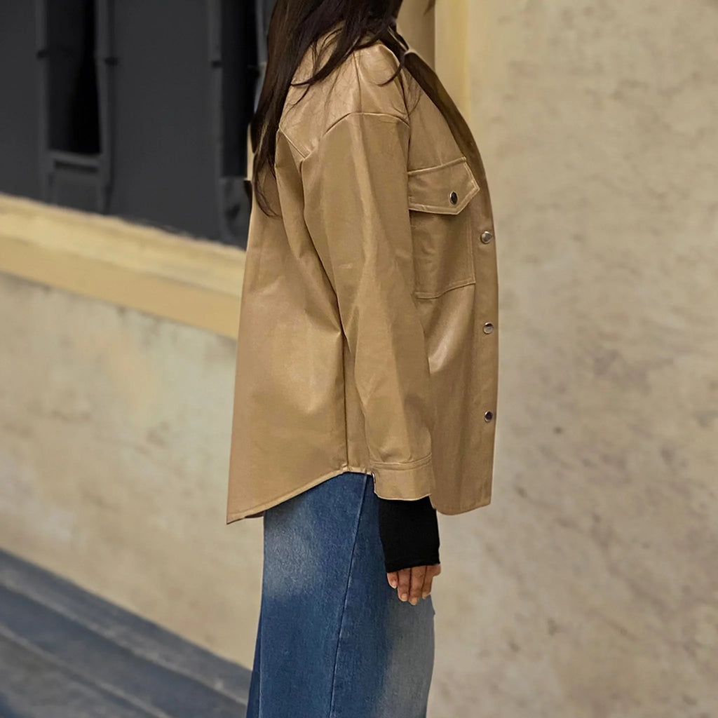 Beige Oversized Faux - Leather Jacket - I Z F
