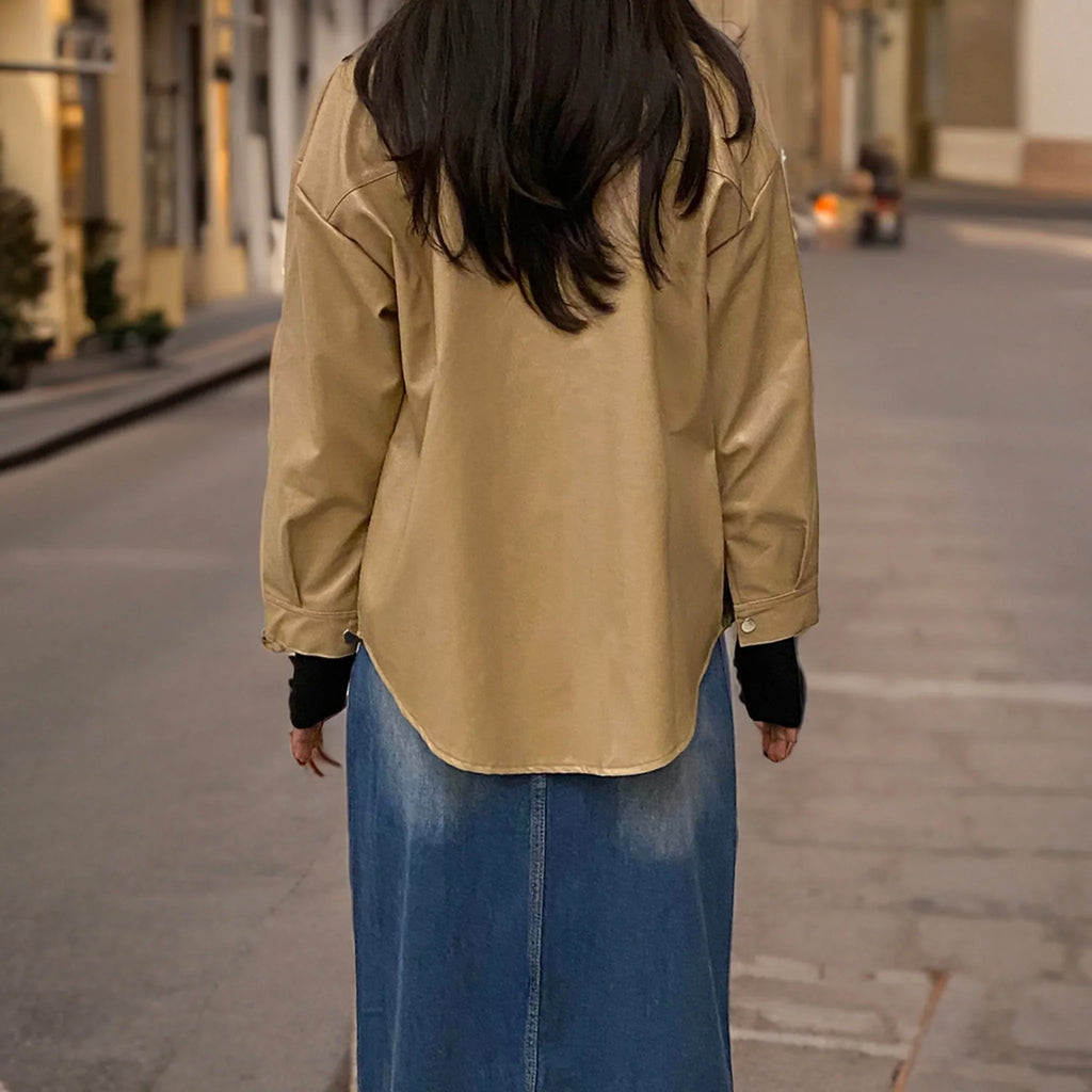 Beige Oversized Faux - Leather Jacket - I Z F