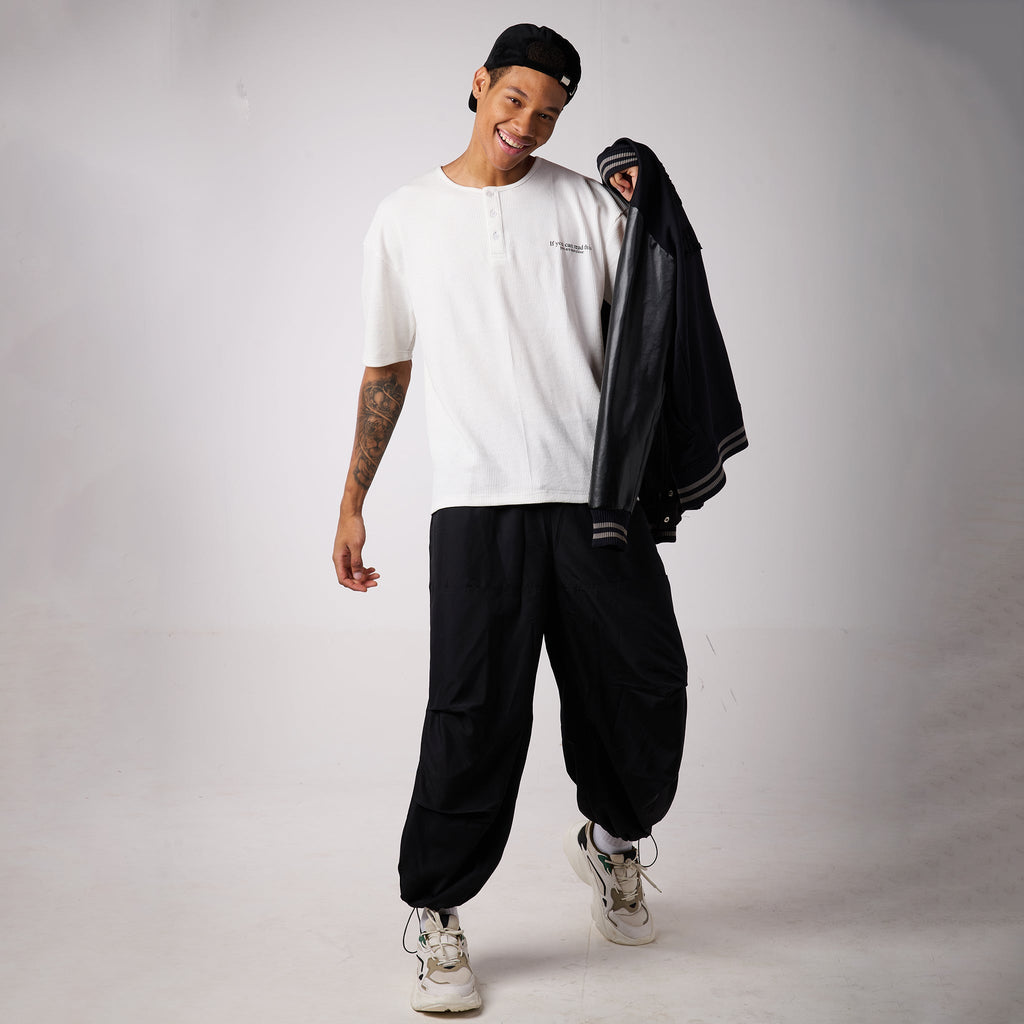 Black Air Parachute Pants & White Textured knit Tee Set - I Z F