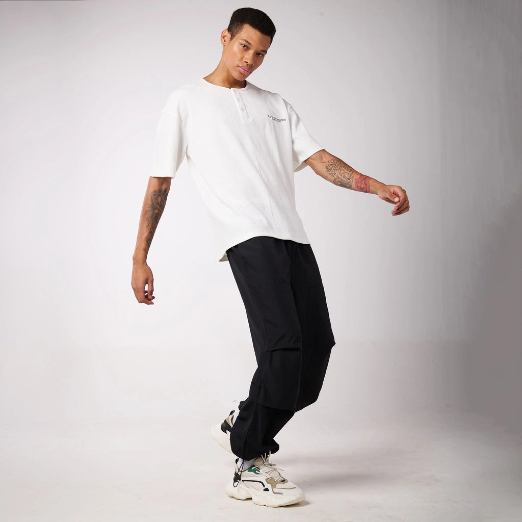 Black Air Parachute Pants & White Textured knit Tee Set - I Z F