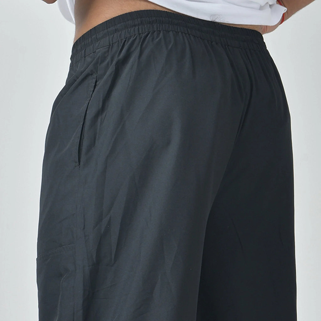 Black Air Parachute Pants & White Textured knit Tee Set - I Z F