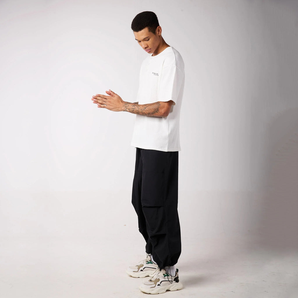 Black Air Parachute Pants & White Textured knit Tee Set - I Z F