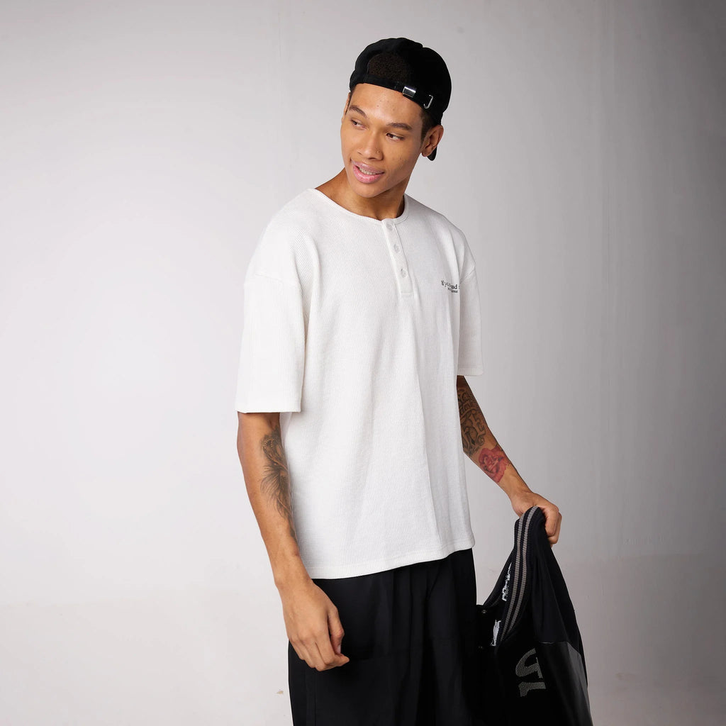 Black Air Parachute Pants & White Textured knit Tee Set - I Z F