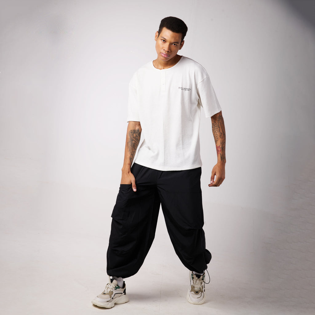 Black Air Parachute Pants & White Textured knit Tee Set - I Z F