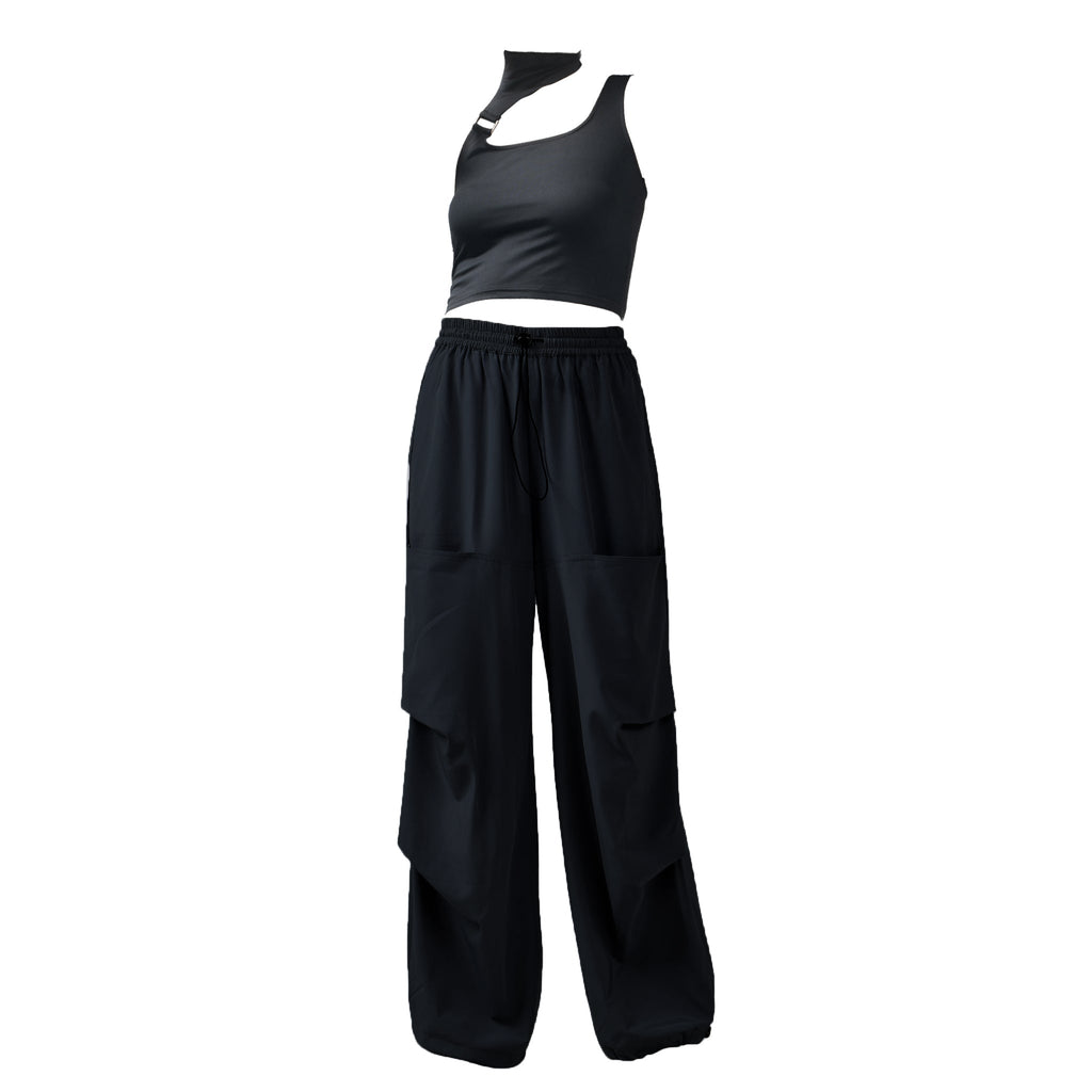 Black Buckle Top & Black Air Parachute Pants - I Z F