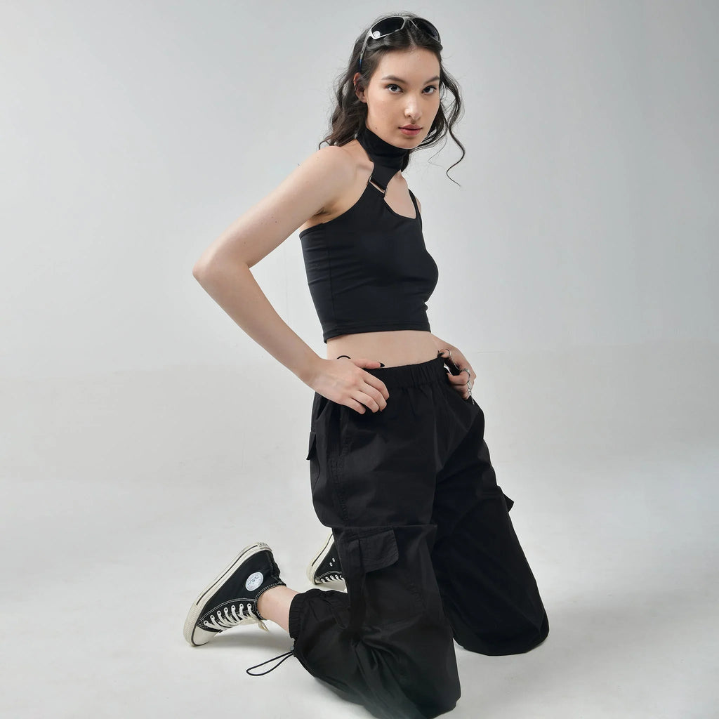 Black Buckle Top & Cargo Para Pants Black - I Z F