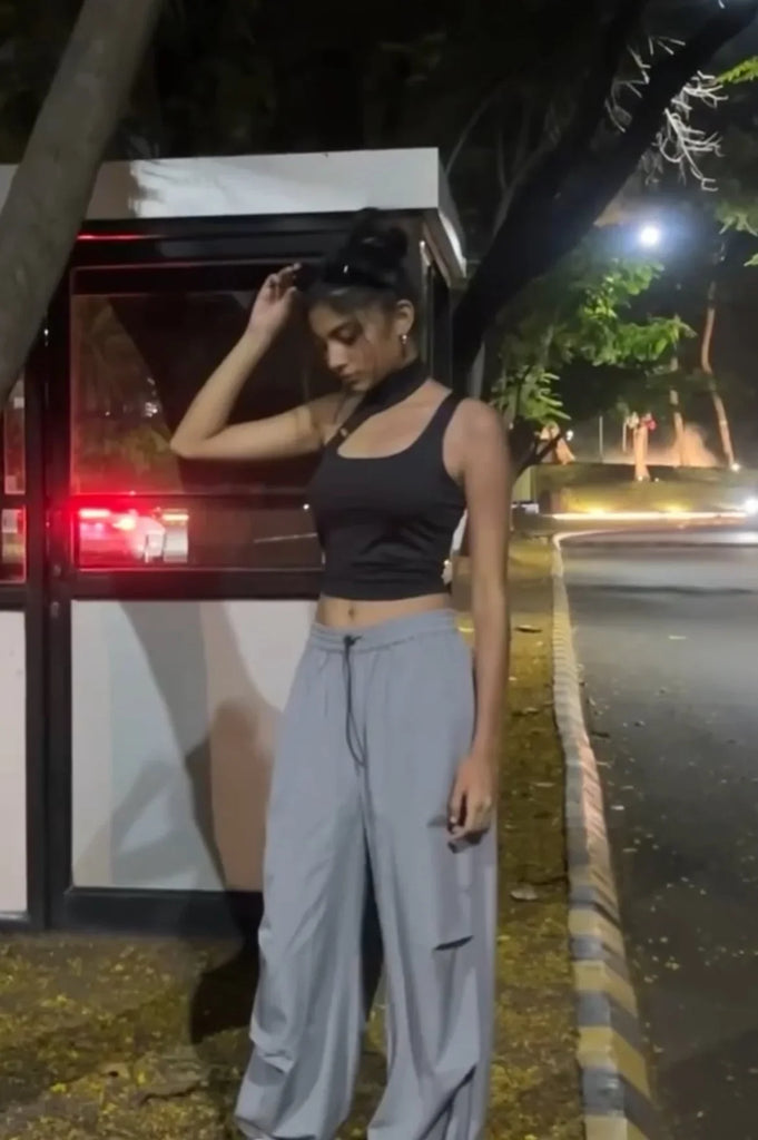 Black Buckle Top & Grey Air Parachute Pants - I Z F