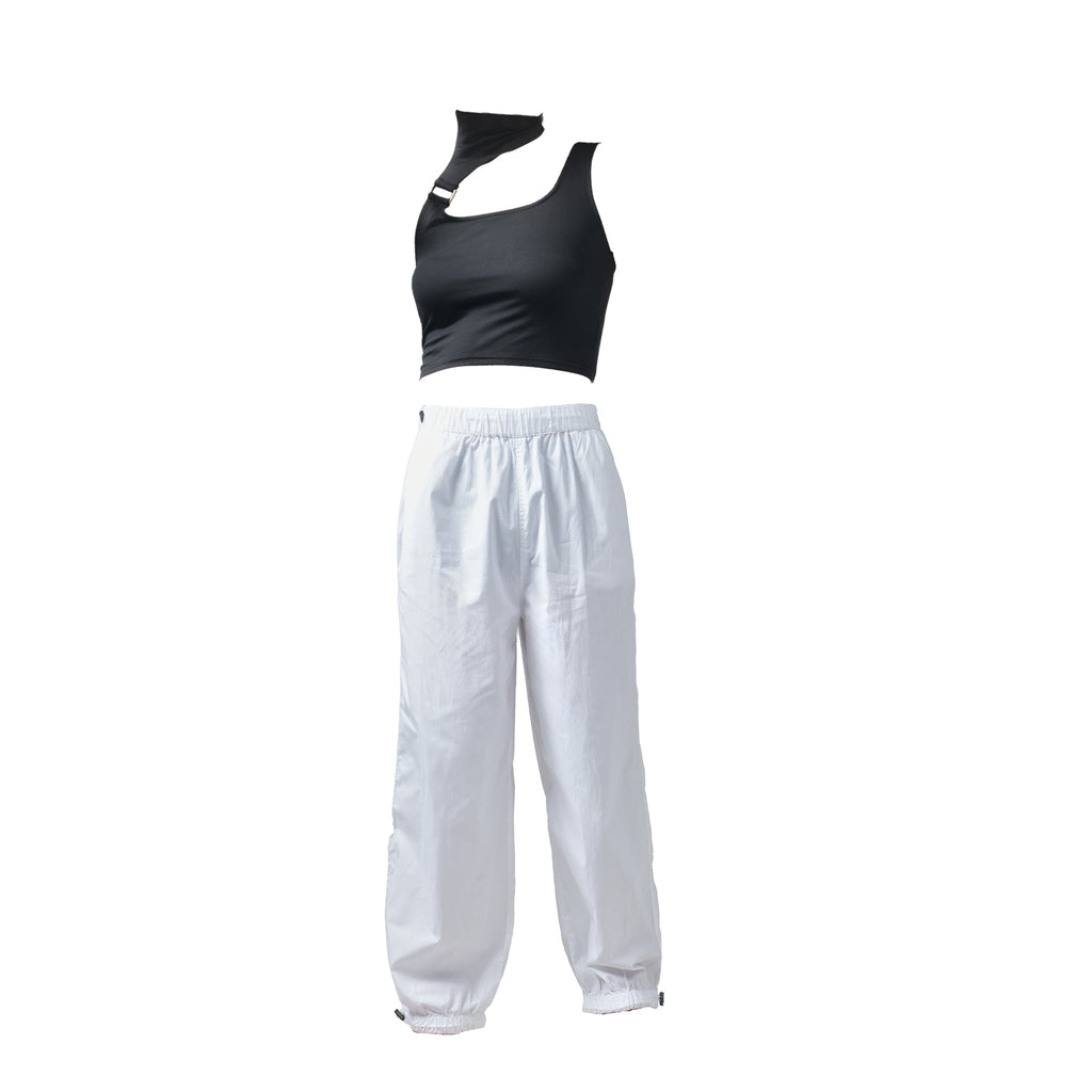 Black Buckle Top & White Parachute Pants - I Z F