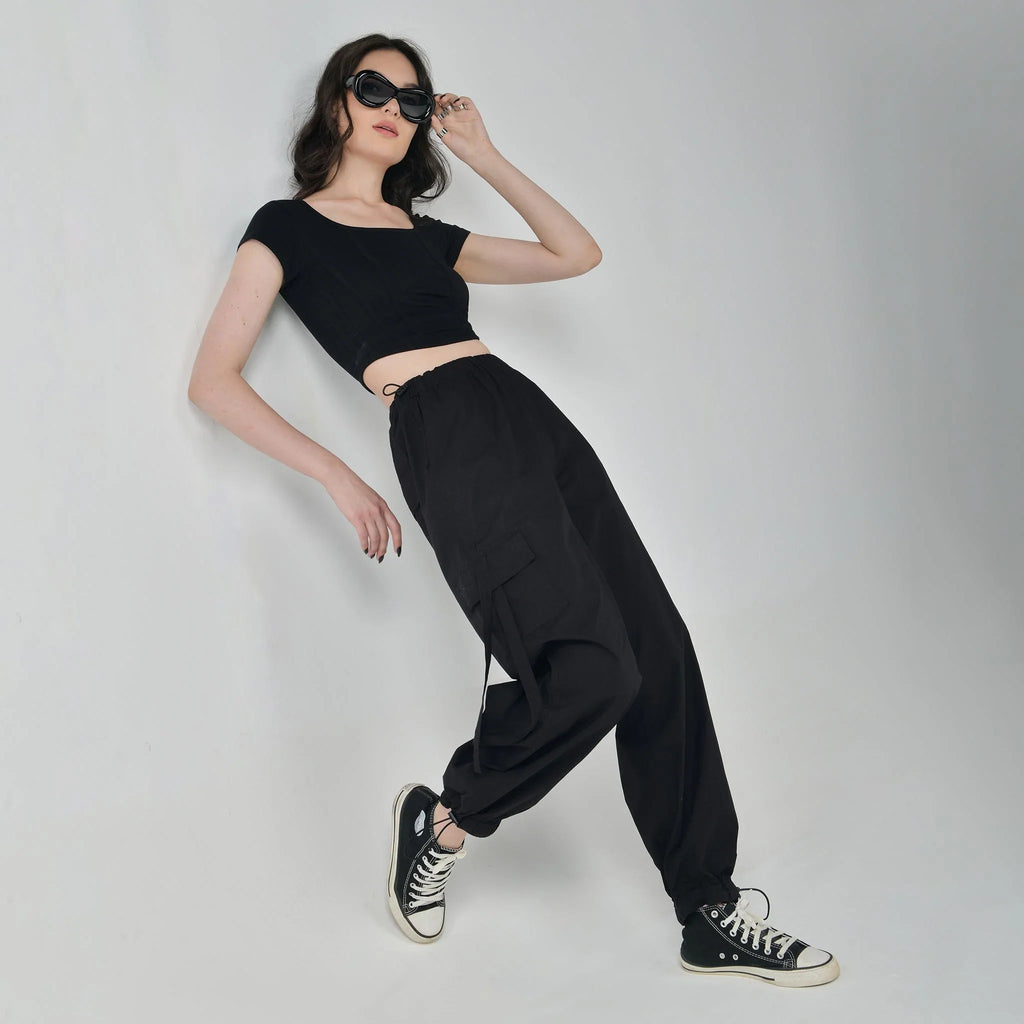 Black Corset Crop Top & Black Cargo Parachute Pants - I Z F