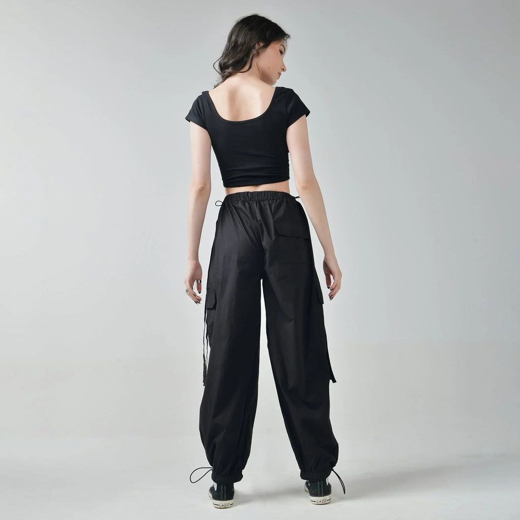 Black Corset Crop Top & Black Cargo Parachute Pants - I Z F