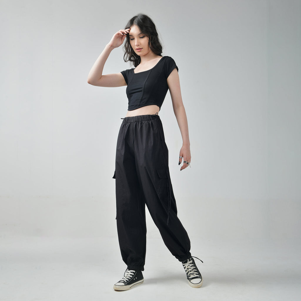 Black Corset Crop Top & Black Cargo Parachute Pants - I Z F