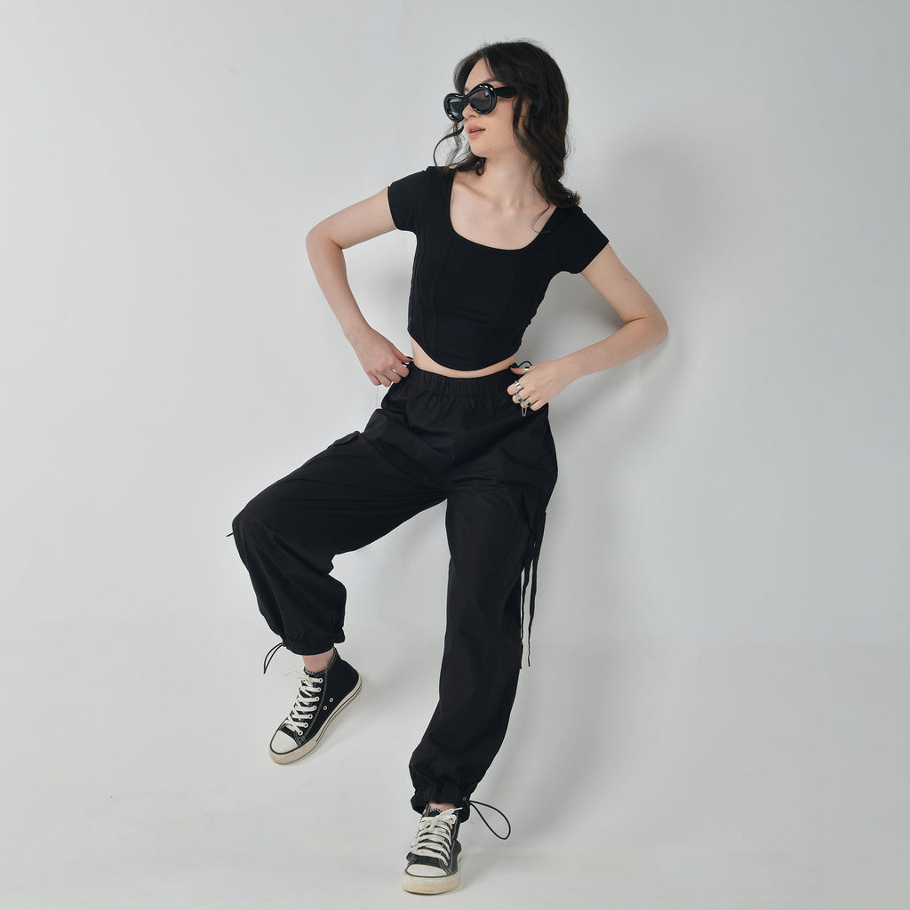 Black Corset Crop Top & Black Cargo Parachute Pants - I Z F