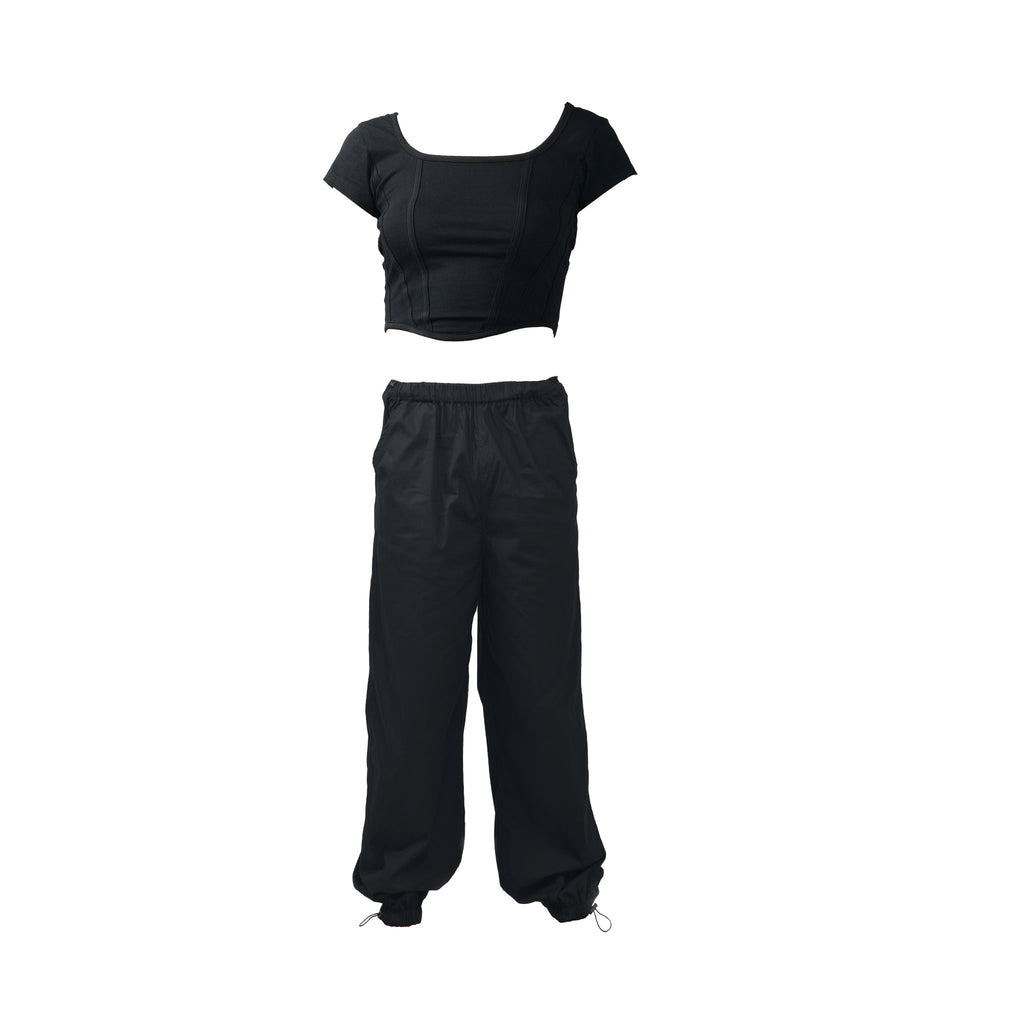 Black Corset Crop Top & Black Parachute Pants - I Z F