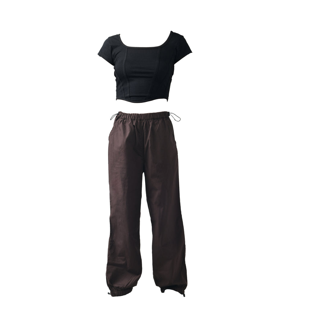 Black Corset Crop Top & Brown Parachute Pants - I Z F