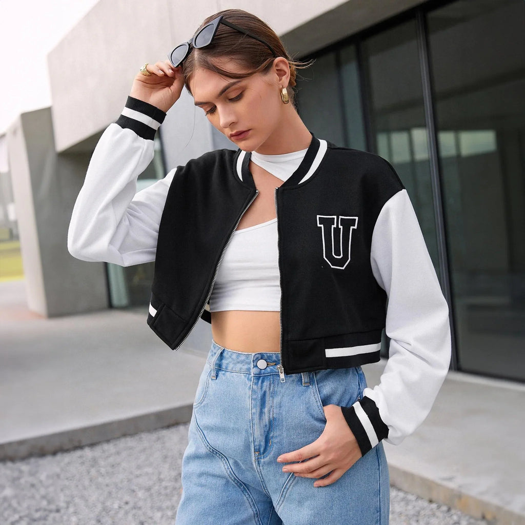 Black Crop - Varsity - Bomber - Jacket - I Z F