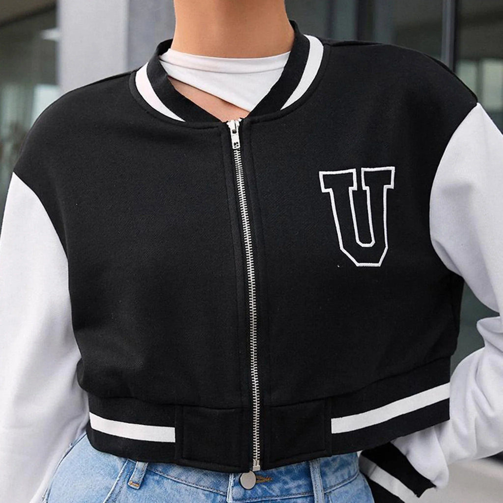 Black Crop - Varsity - Bomber - Jacket - I Z F