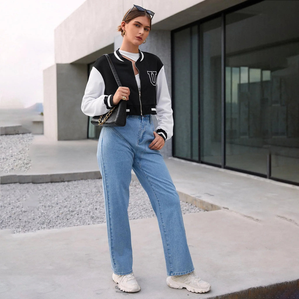 Black Crop - Varsity - Bomber - Jacket - I Z F