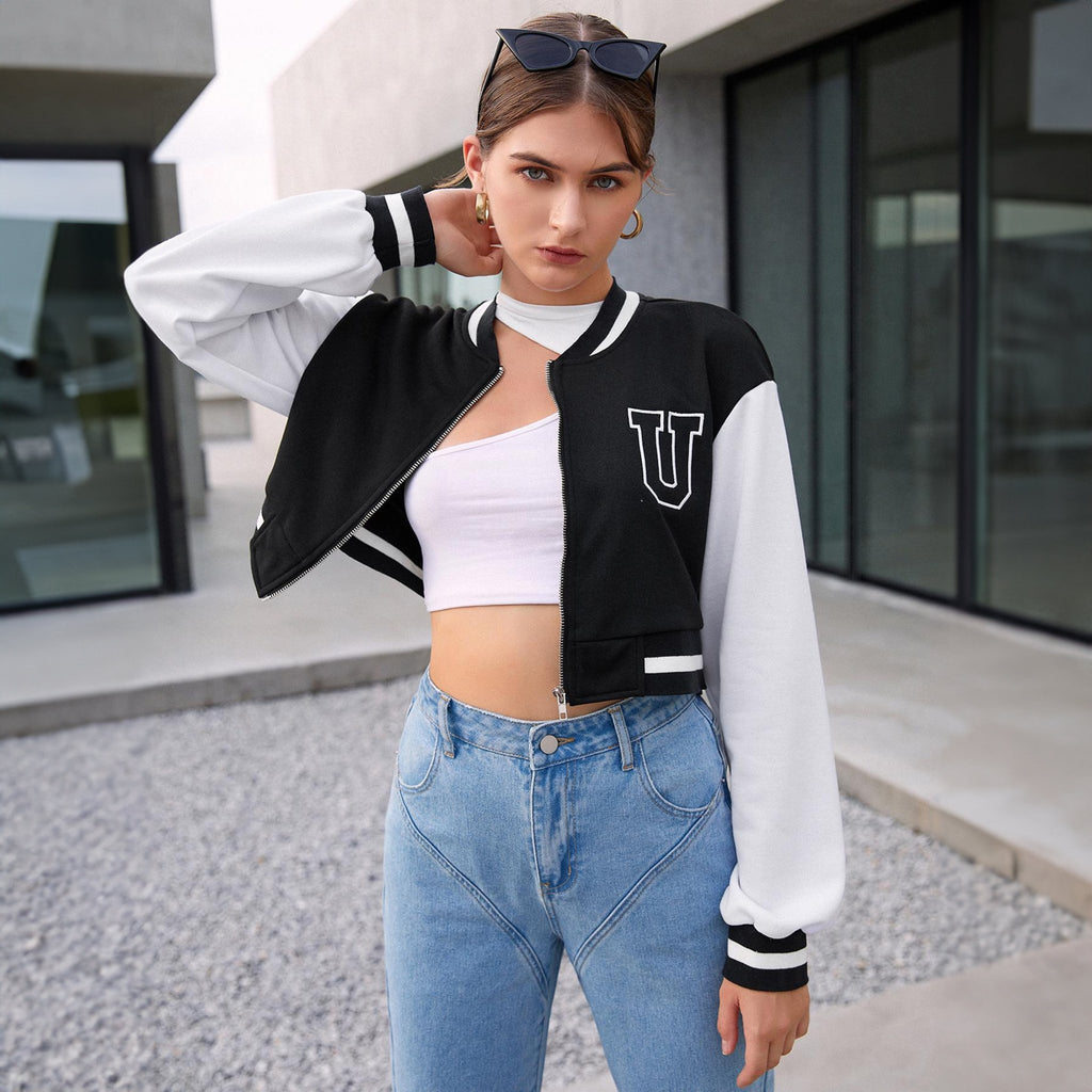 Black Crop - Varsity - Bomber - Jacket - I Z F