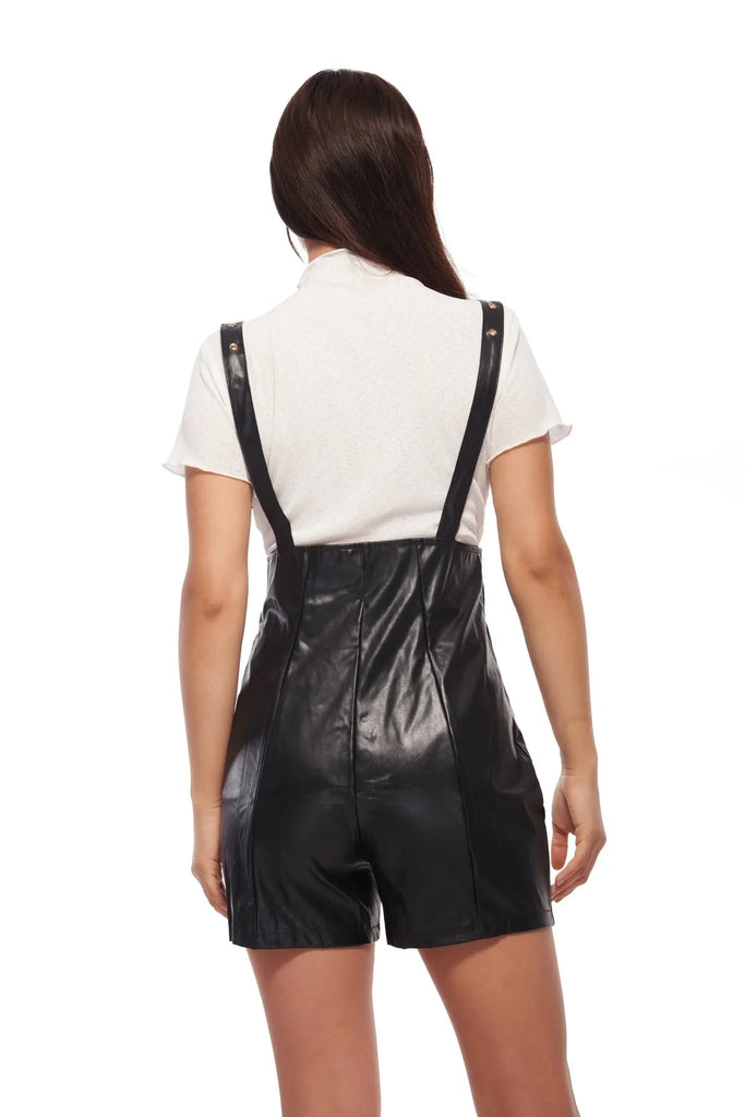 Black Faux Leather Shorts with Suspenders - I Z F