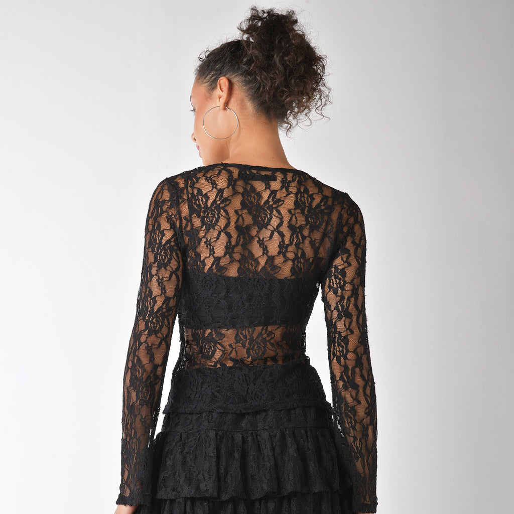 Black lace cardigan top with romantic bell sleeves - I Z F