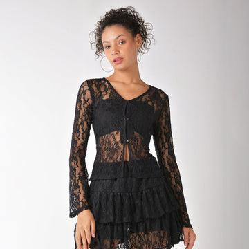 Black lace cardigan top with romantic bell sleeves - I Z F