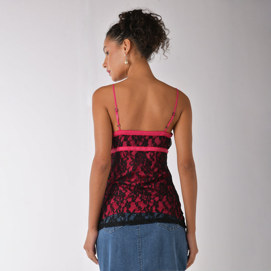 Black lace corset top with hot pink lining - I Z F