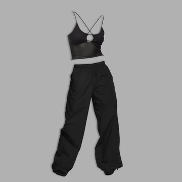 Black Mesh Top & Black Parachute Pants - I Z F