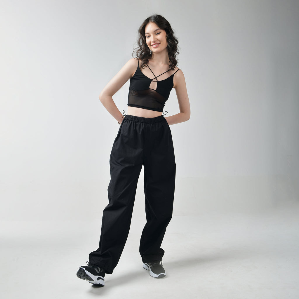 Black Mesh Top & Black Parachute Pants - I Z F