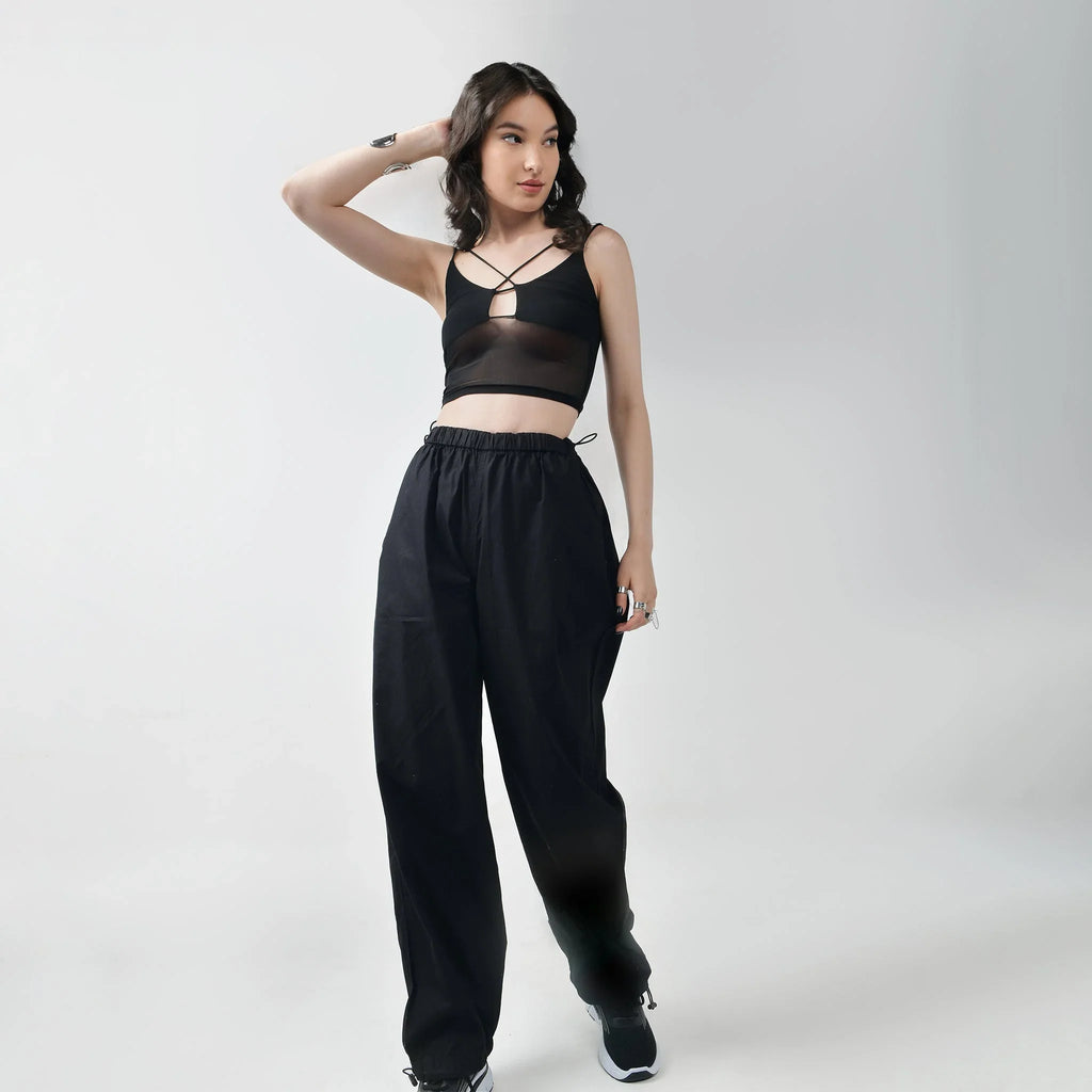 Black Mesh Top & Black Parachute Pants - I Z F