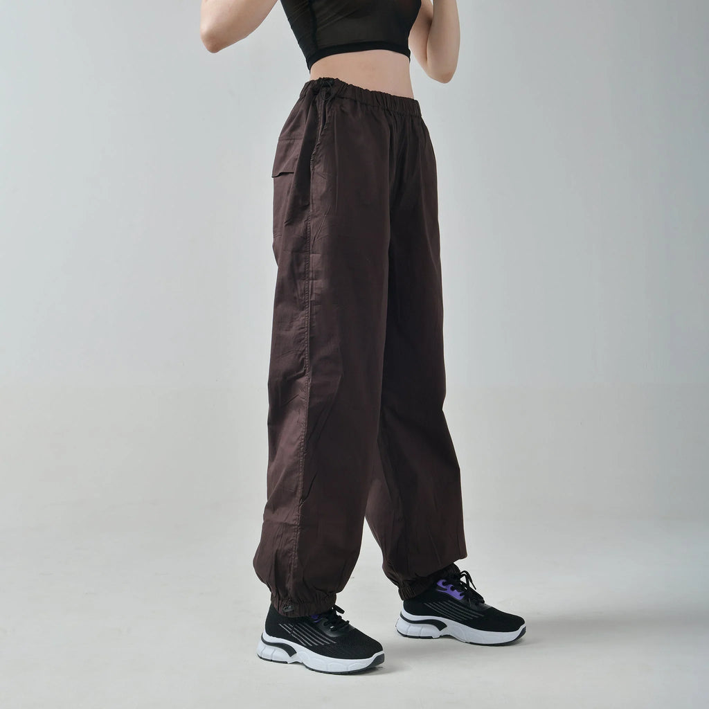 Black Mesh Top & Brown Parachute Pants - I Z F