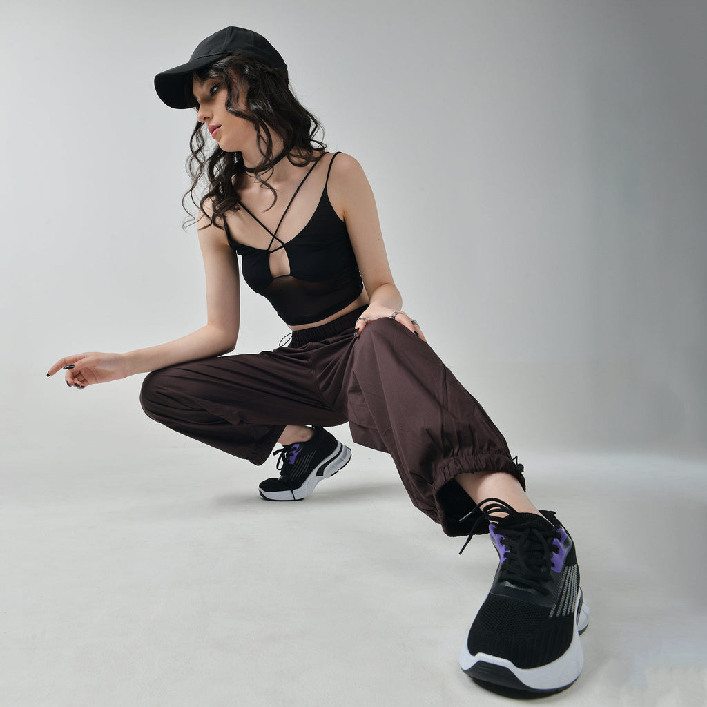 Black Mesh Top & Brown Parachute Pants - I Z F