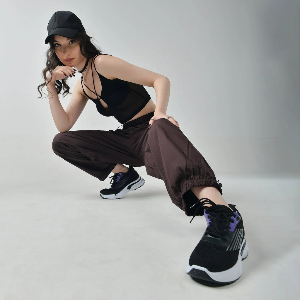 Black Mesh Top & Brown Parachute Pants - I Z F