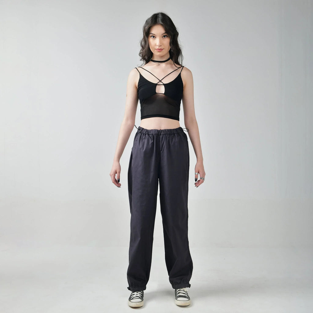 Black Mesh Top & Gunmetal Parachute Pants - I Z F