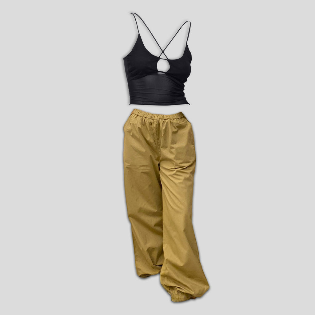 Black Mesh Top & Khaki Parachute Pants - I Z F