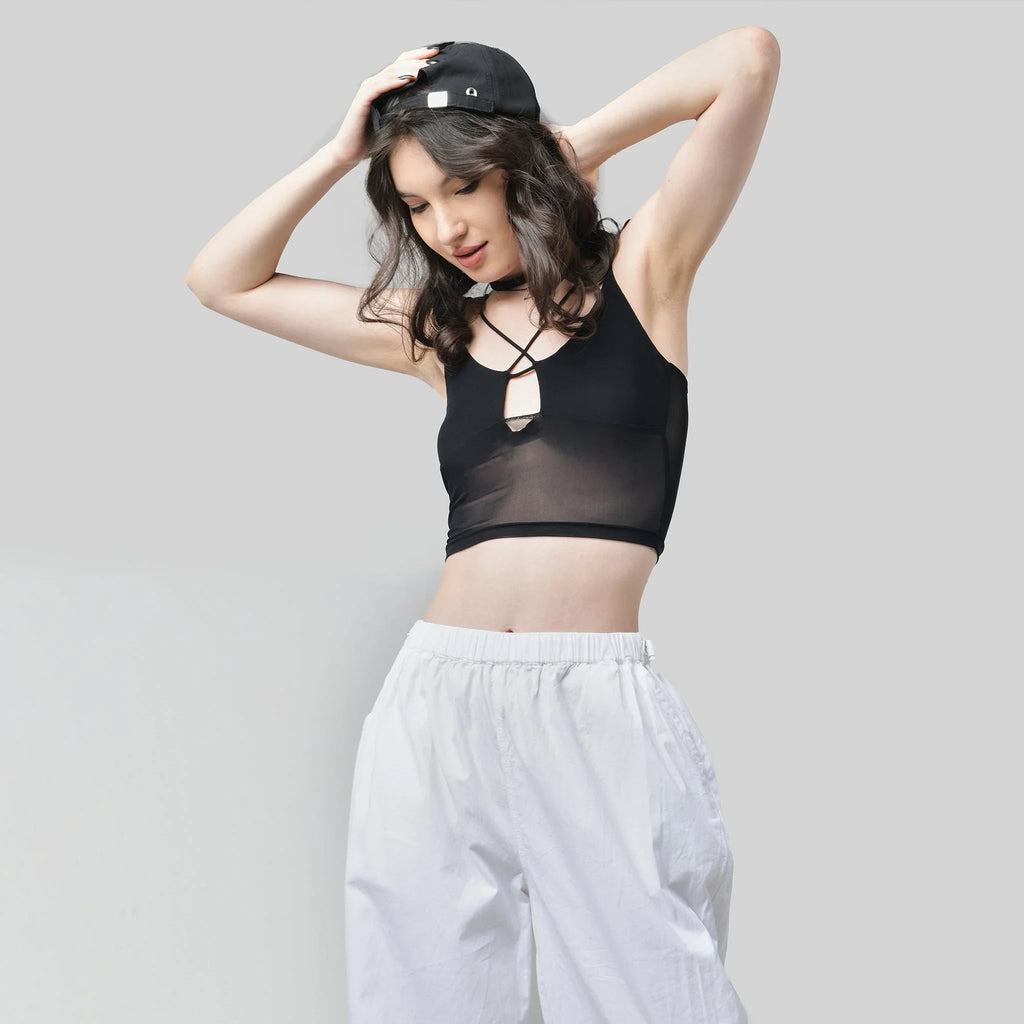 Black Mesh Top & White Parachute Pants - I Z F