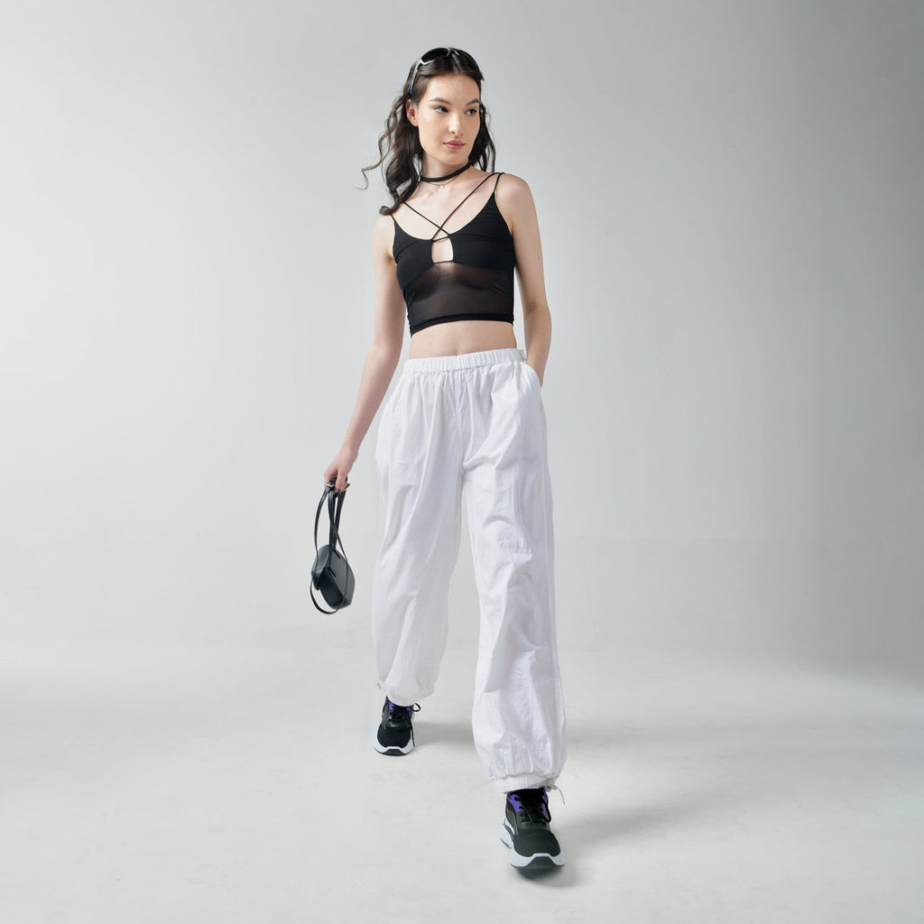 Black Mesh Top & White Parachute Pants - I Z F