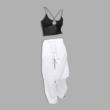 Black Mesh Top & White Parachute Pants - I Z F