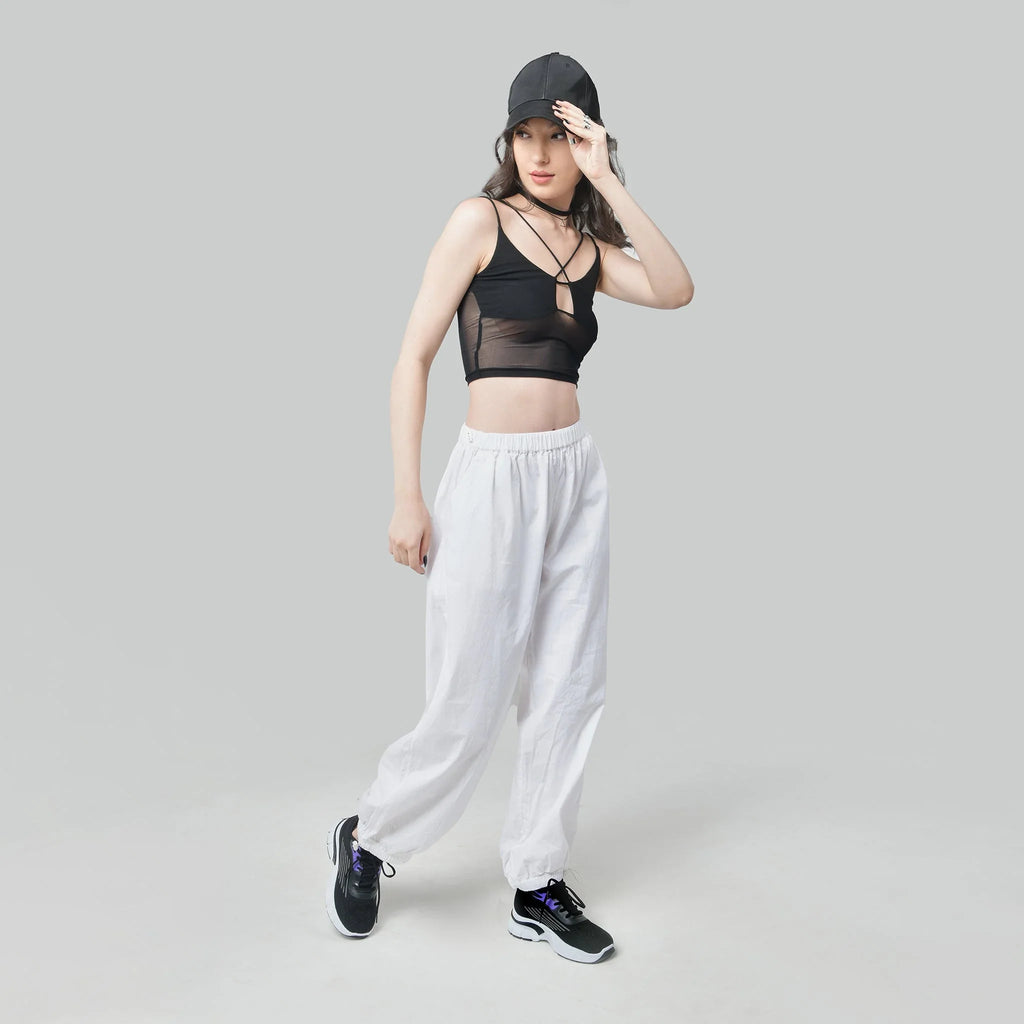 Black Mesh Top & White Parachute Pants - I Z F