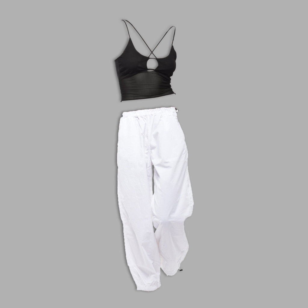 Black Mesh Top & White Parachute Pants Set - I Z F