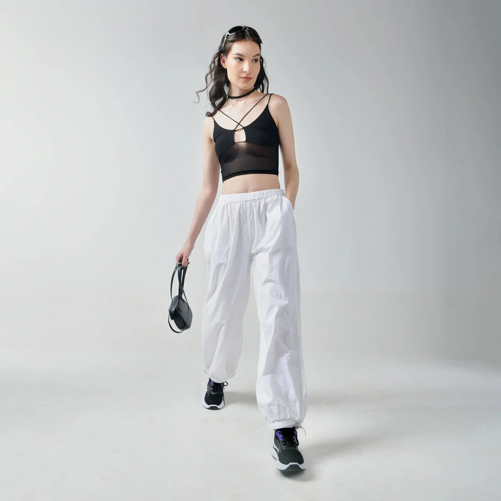 Black Mesh Top & White Parachute Pants Set - I Z F