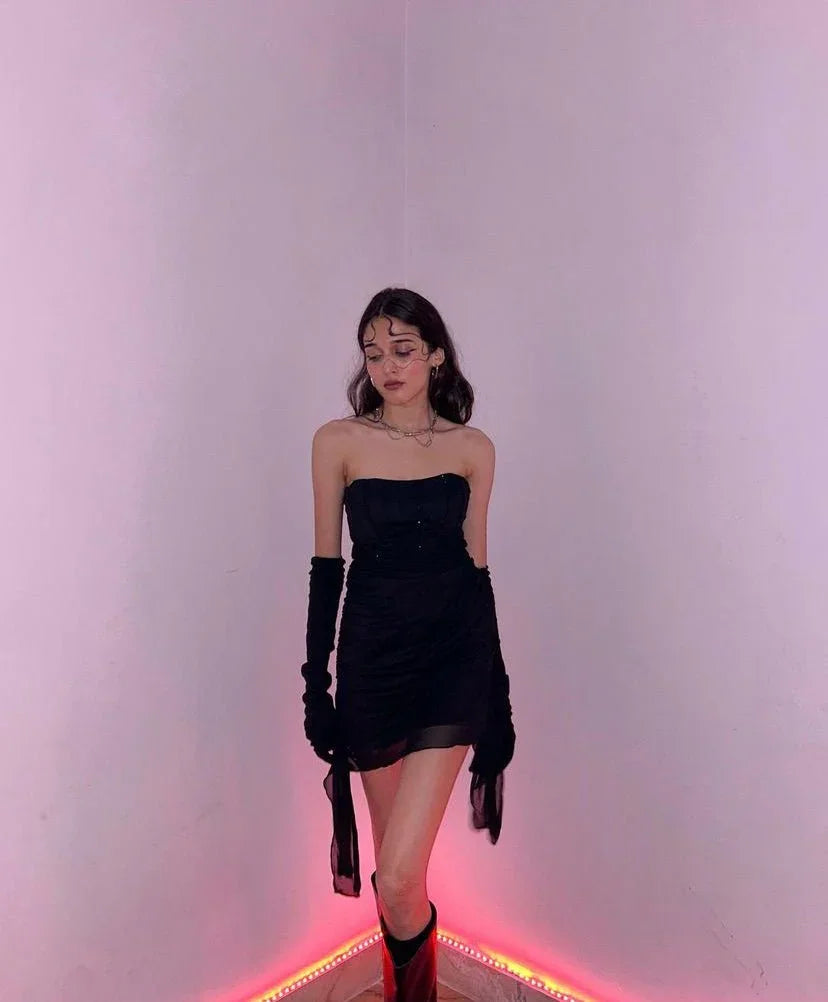 Black Off shoulder Rhinestone Mesh Dress - I Z F