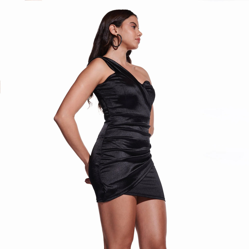 Black One Shoulder Satin Cocktail Mini Dress - I Z F
