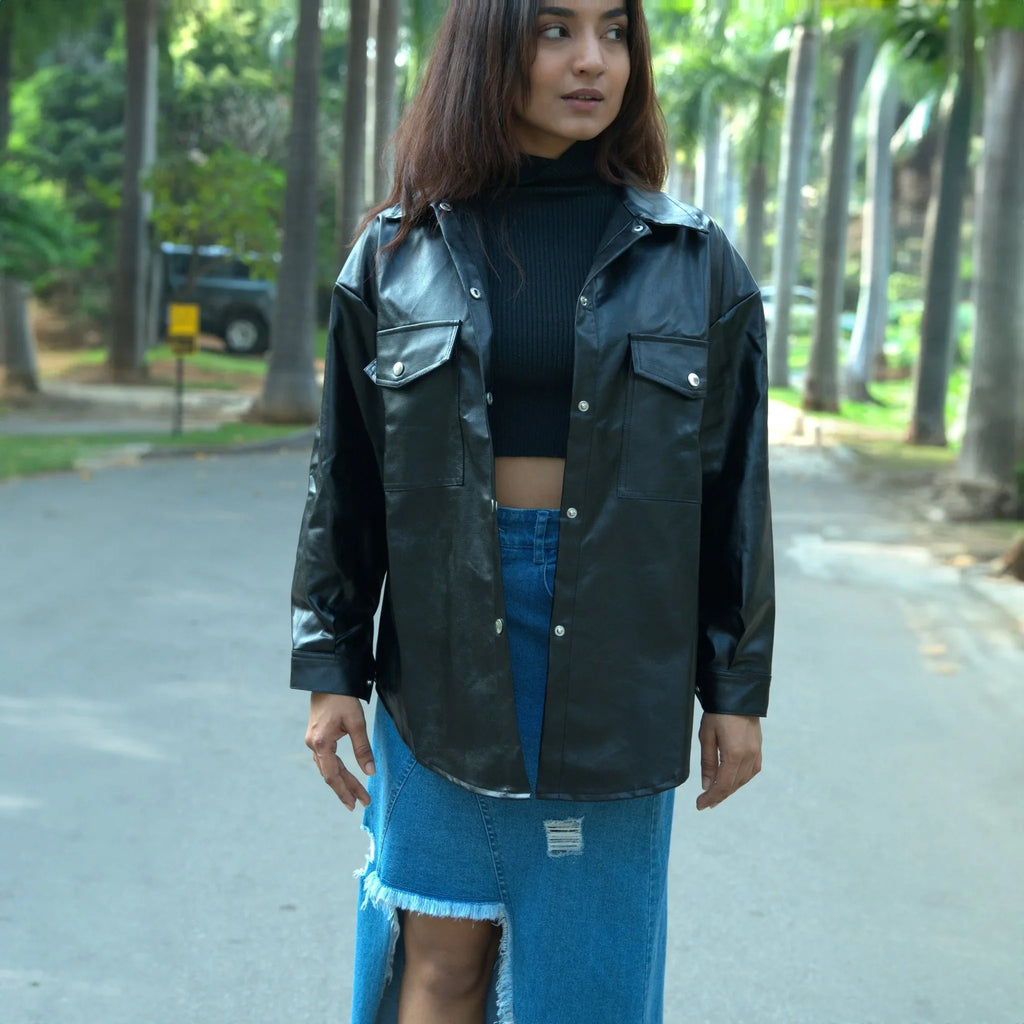 Black Oversized Faux - leather Jacket - I Z F