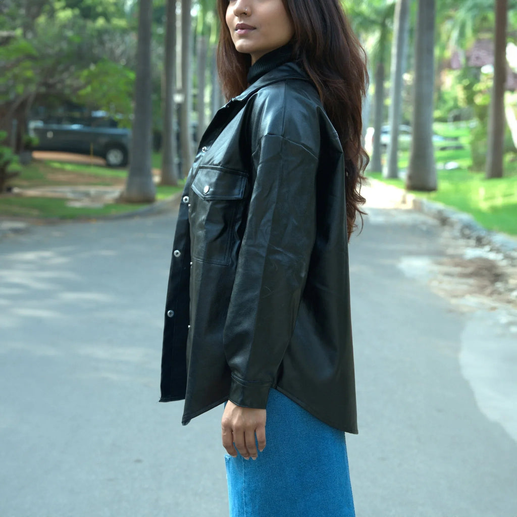 Black Oversized Faux - leather Jacket - I Z F