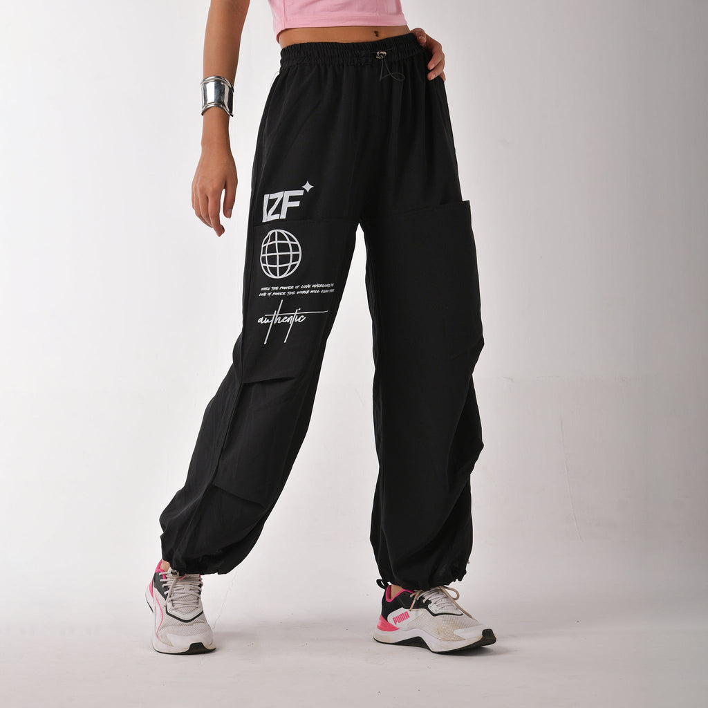 Black Printed Air Parachute Pants - I Z F