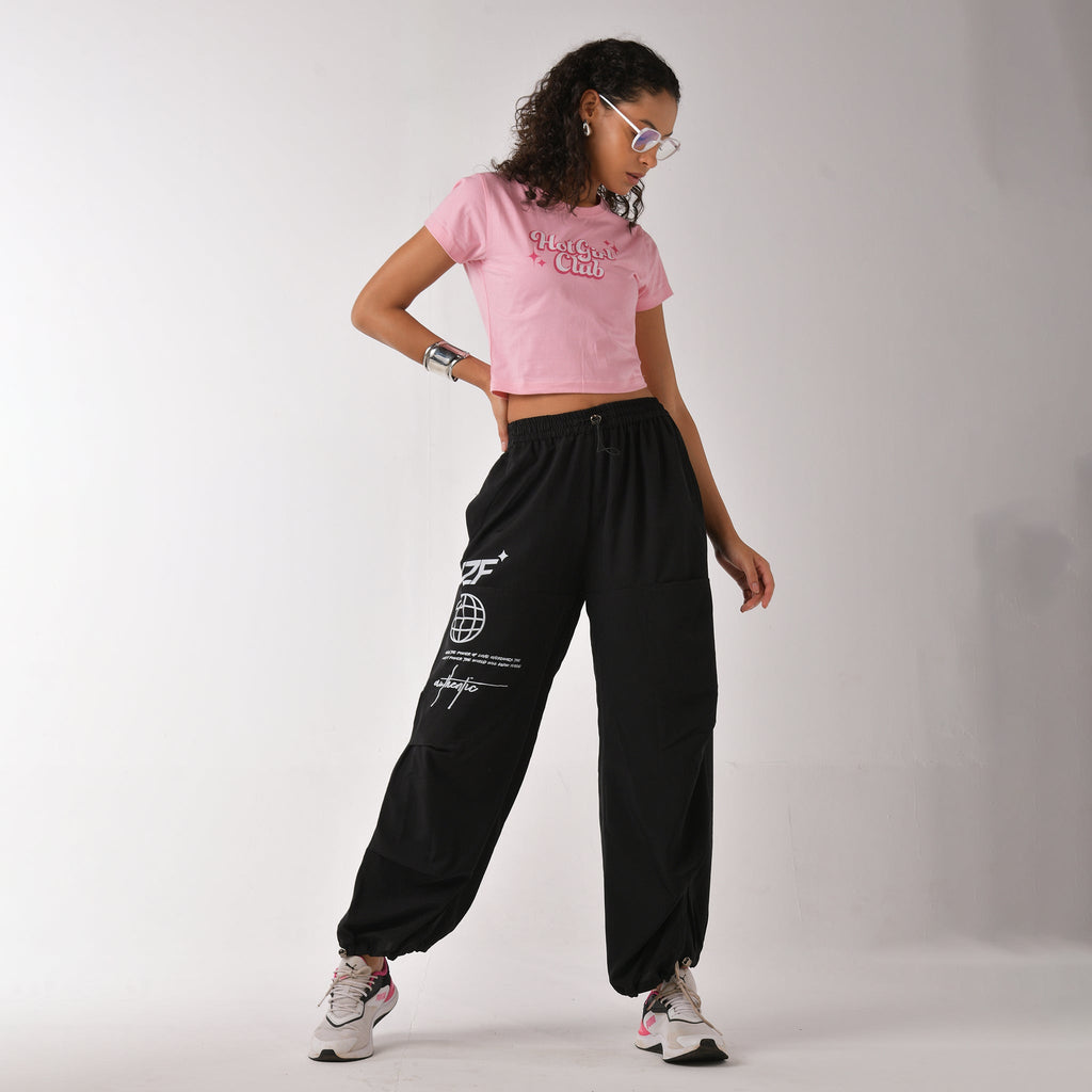 Black Printed Air Parachute Pants - I Z F