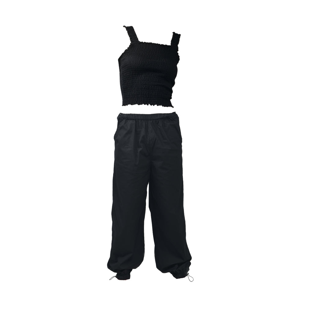 Black Ruffle Top & Black Parachute Pants - I Z F